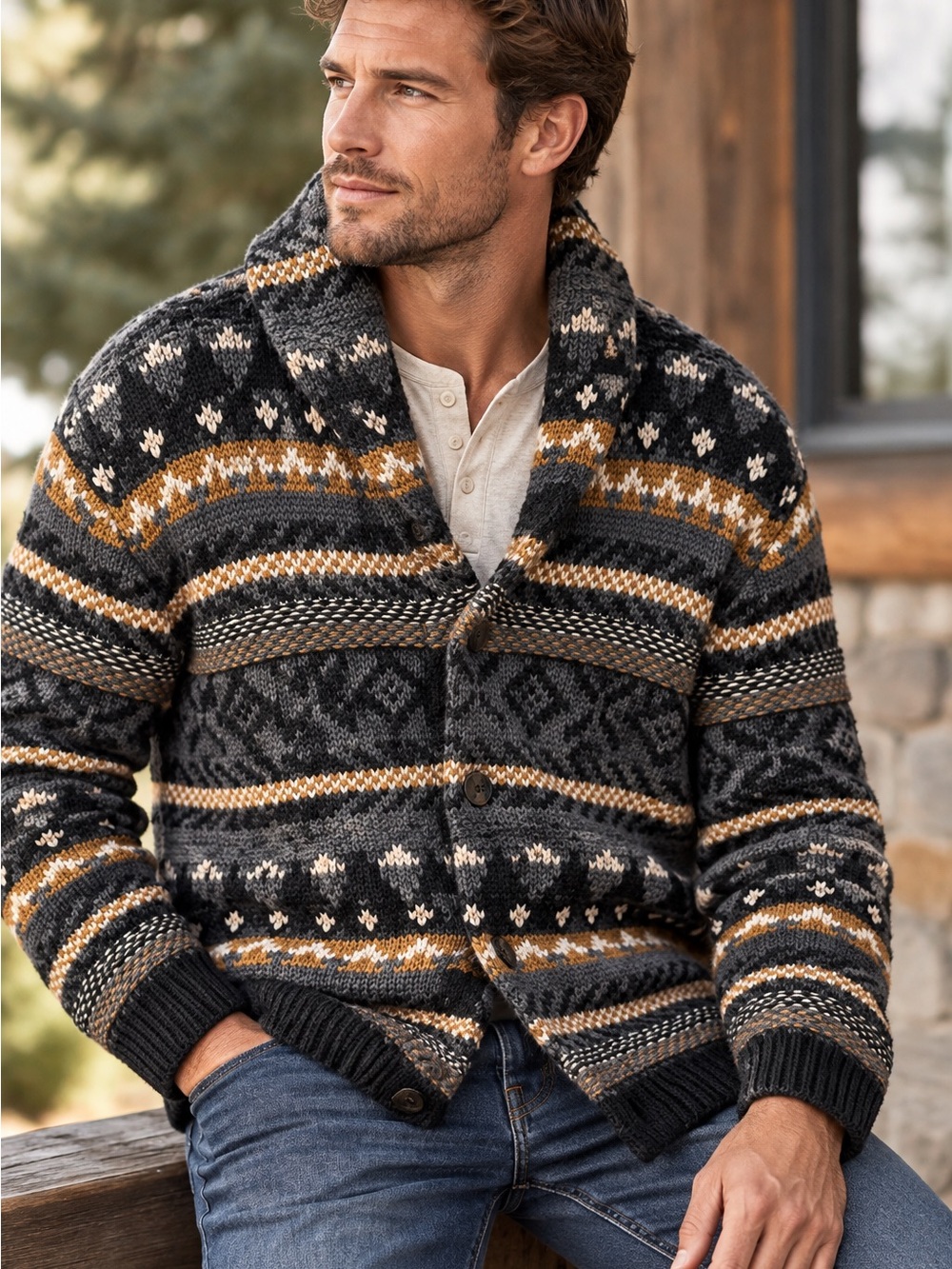 FRYE Men’s Fair Isle Shawl Collar Cardigan Sweater Black Gray Tan Medium